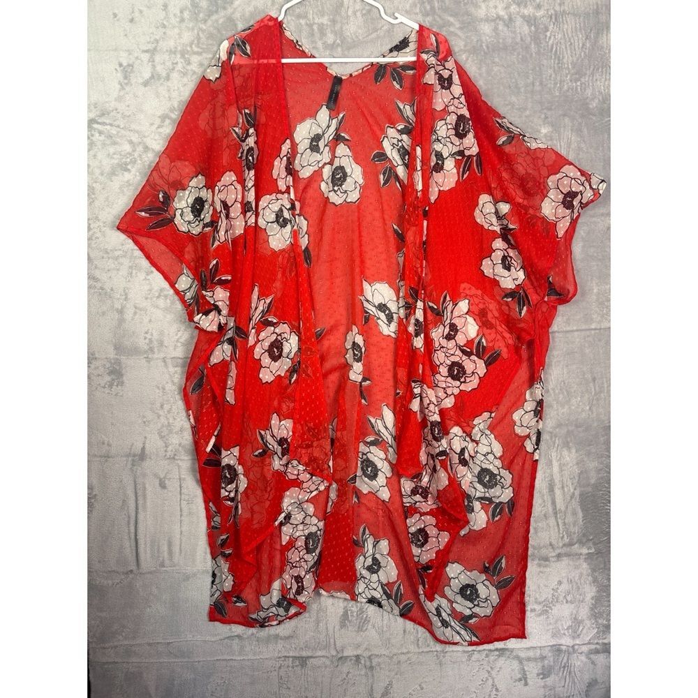 Lane Bryant Bright Red White Tropical Floral Wrap Bathing Suit Cover Up One Size